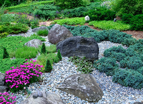 Ornamental planting bed with boulders and flowers